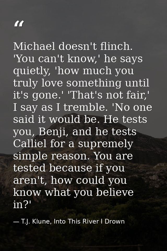 Michael doesn't flinch. 'You can't know,' he says quietly, 'how much you truly love something until it's gone.' 'That's  — T.J. Klune, Into This River I Drown