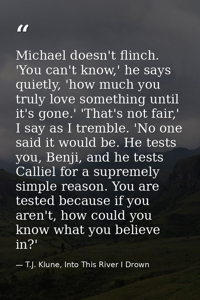 Michael doesn't flinch. 'You can't know,' he says quietly, 'how much you truly love something until it's gone.' 'That's  — T.J. Klune, Into This River I Drown