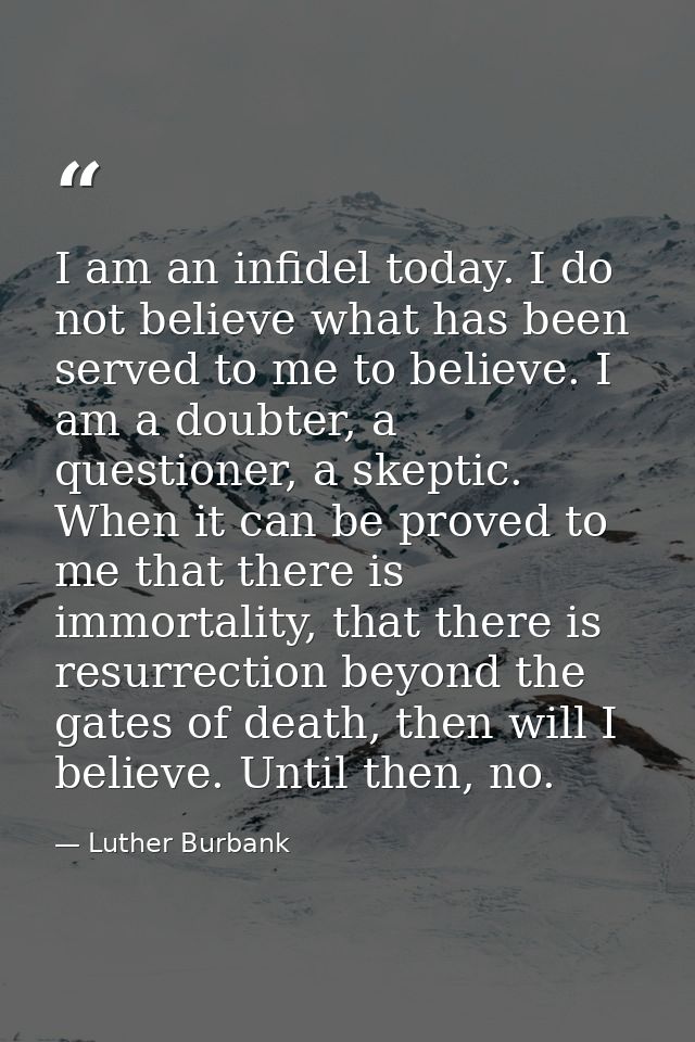 I am an infidel today. I do not believe what has been served to me to believe. I am a doubter, a questioner, a skeptic.  — Luther Burbank