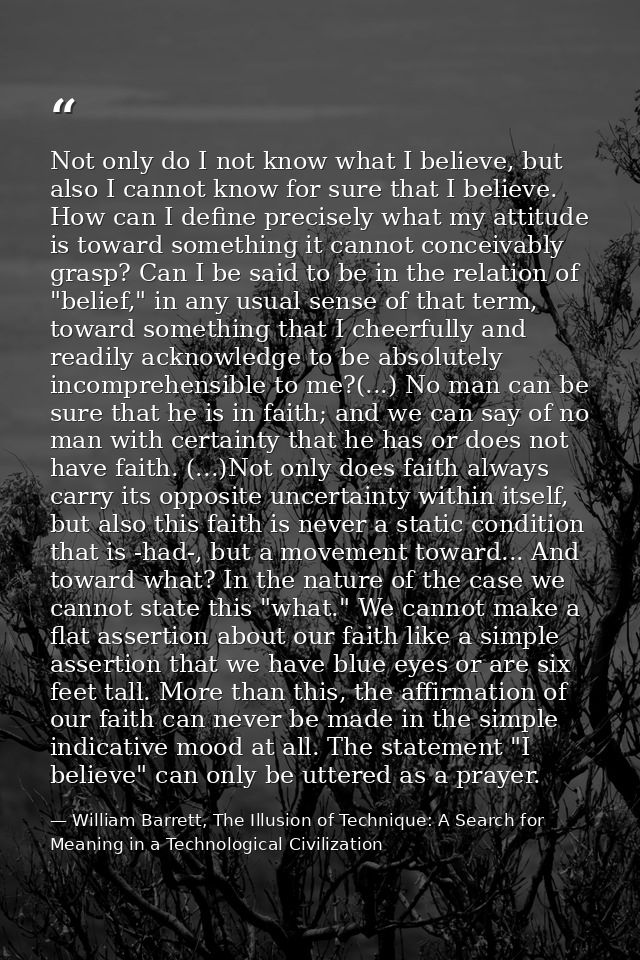 Not only do I not know what I believe, but also I cannot know for sure that I believe. How can I define precisely what m — William Barrett, The Illusion of Technique: A Search for Meaning in a Technological Civilization