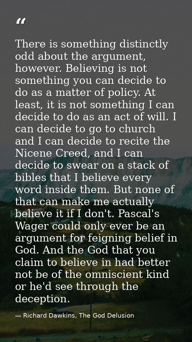 There is something distinctly odd about the argument, however. Believing is not something you can decide to do as a matt — Richard Dawkins, The God Delusion