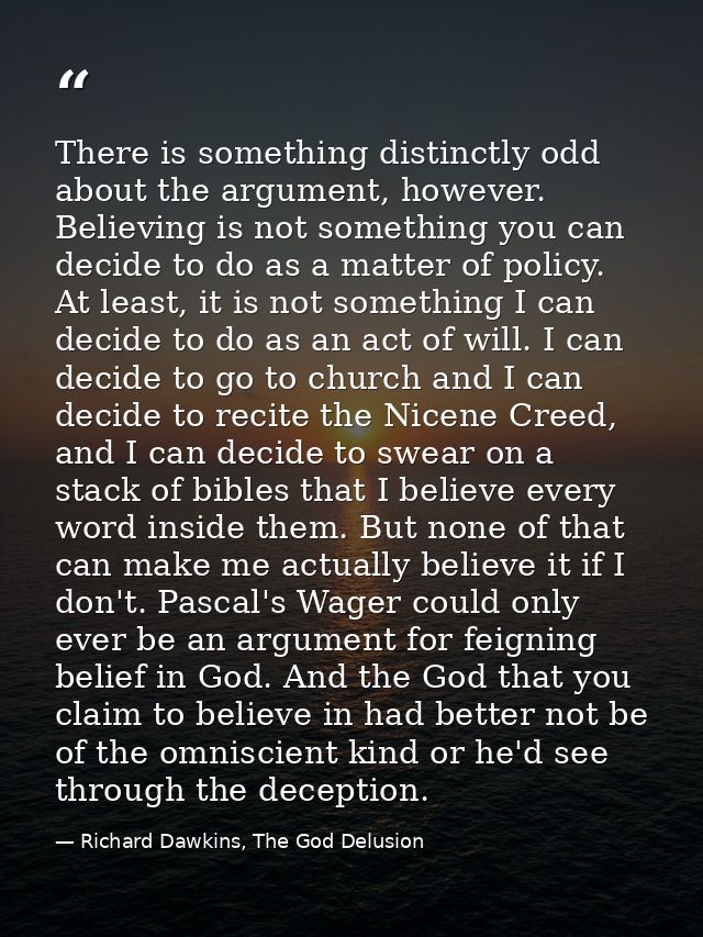 There is something distinctly odd about the argument, however. Believing is not something you can decide to do as a matt — Richard Dawkins, The God Delusion