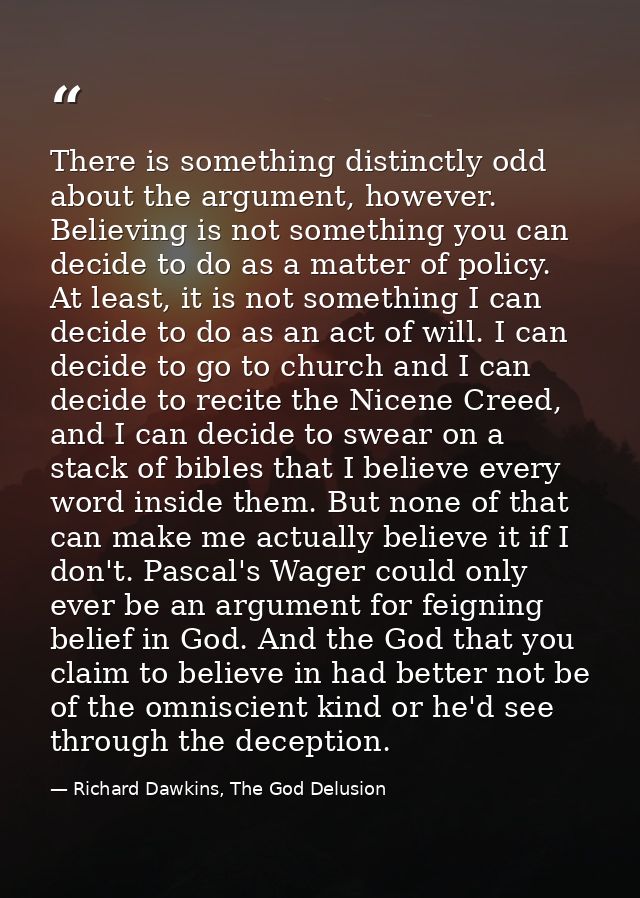 There is something distinctly odd about the argument, however. Believing is not something you can decide to do as a matt — Richard Dawkins, The God Delusion