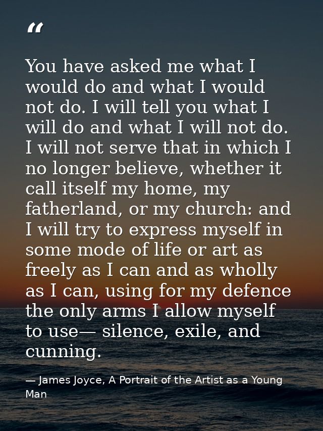 You have asked me what I would do and what I would not do. I will tell you what I will do and what I will not do. I will — James Joyce, A Portrait of the Artist as a Young Man