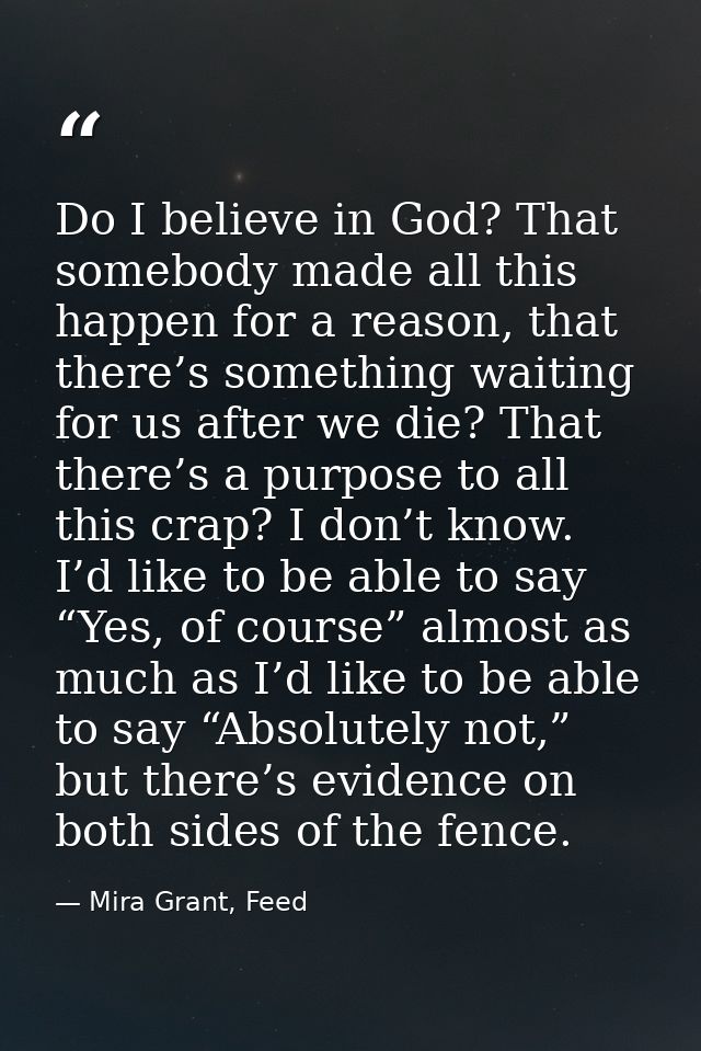 Do I believe in God? That somebody made all this happen for a reason, that there’s something waiting for us after we die — Mira Grant, Feed