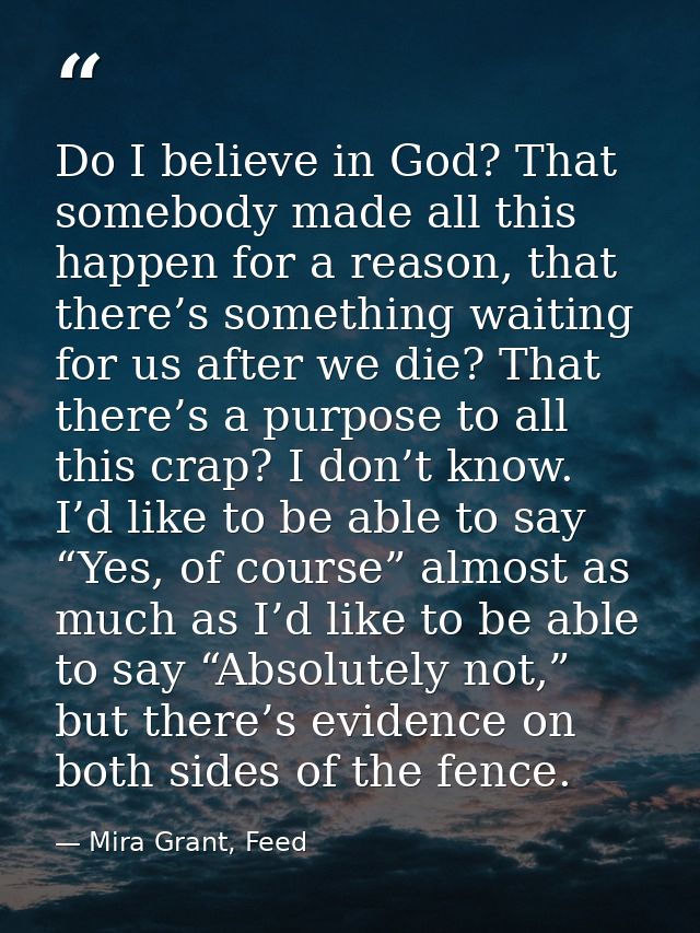 Do I believe in God? That somebody made all this happen for a reason, that there’s something waiting for us after we die — Mira Grant, Feed