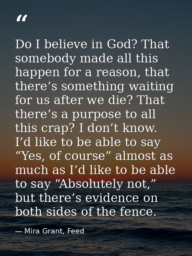Do I believe in God? That somebody made all this happen for a reason, that there’s something waiting for us after we die — Mira Grant, Feed