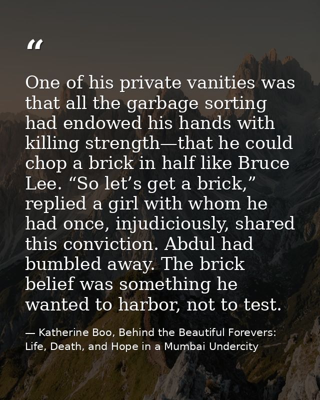 One of his private vanities was that all the garbage sorting had endowed his hands with killing strength—that he could c — Katherine Boo, Behind the Beautiful Forevers: Life, Death, and Hope in a Mumbai Undercity