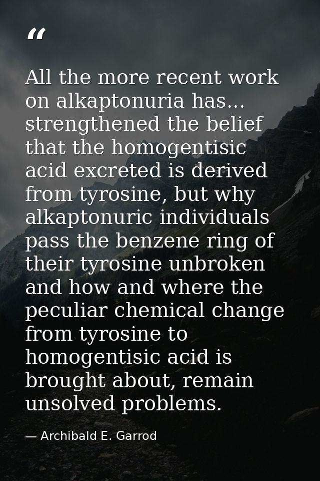 All the more recent work on alkaptonuria has... strengthened the belief that the homogentisic acid excreted is derived f — Archibald E. Garrod