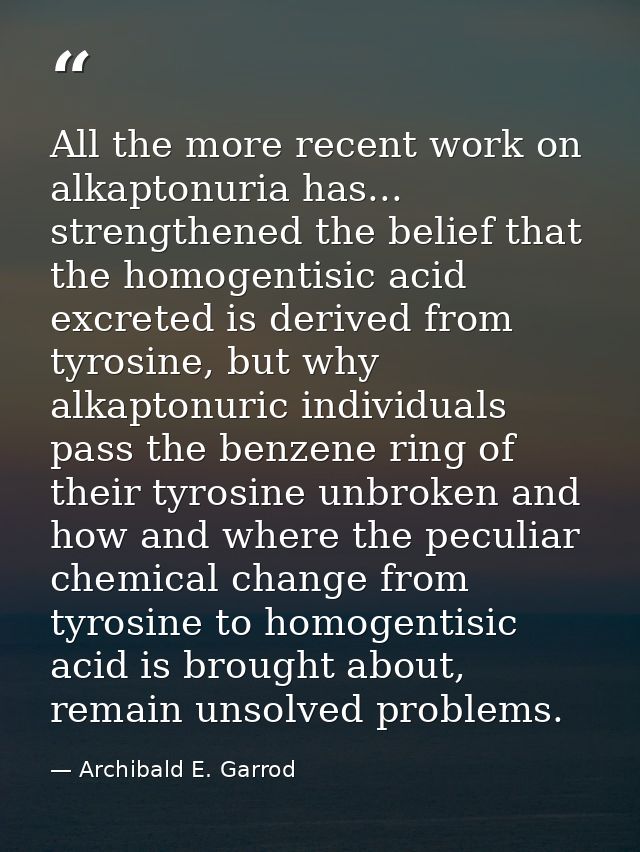 All the more recent work on alkaptonuria has... strengthened the belief that the homogentisic acid excreted is derived f — Archibald E. Garrod