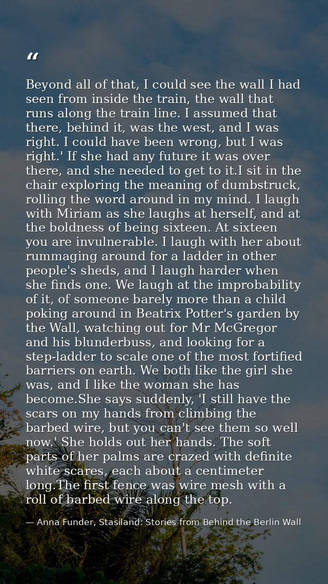 Beyond all of that, I could see the wall I had seen from inside the train, the wall that runs along the train line. I as — Anna Funder, Stasiland: Stories from Behind the Berlin Wall