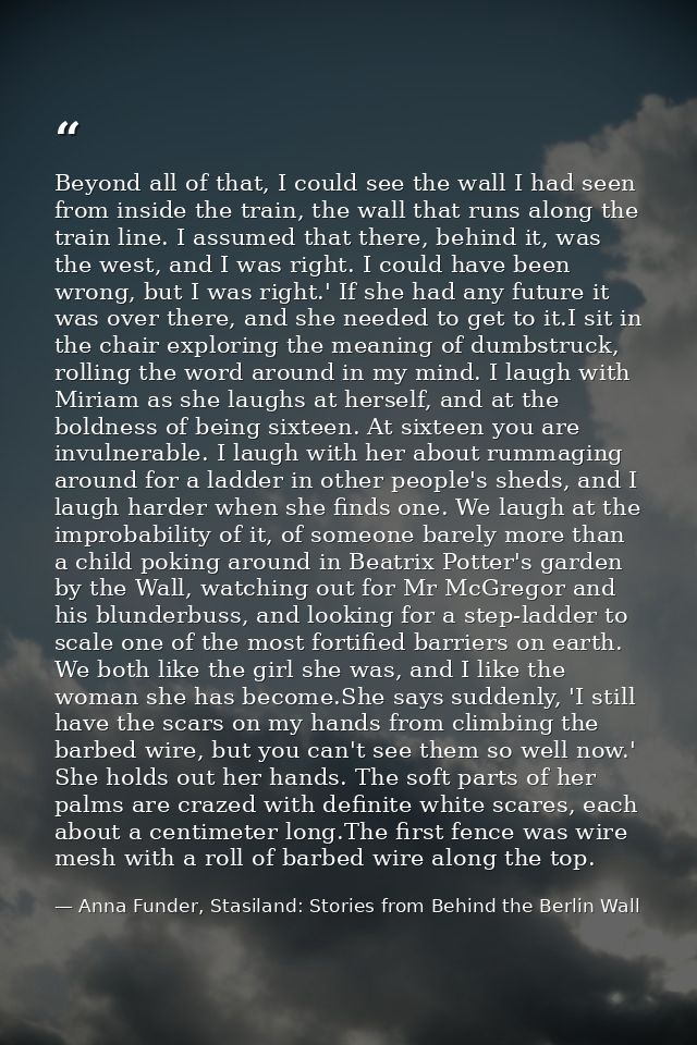 Beyond all of that, I could see the wall I had seen from inside the train, the wall that runs along the train line. I as — Anna Funder, Stasiland: Stories from Behind the Berlin Wall