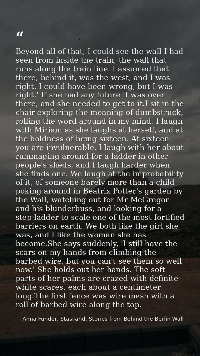 Beyond all of that, I could see the wall I had seen from inside the train, the wall that runs along the train line. I as — Anna Funder, Stasiland: Stories from Behind the Berlin Wall