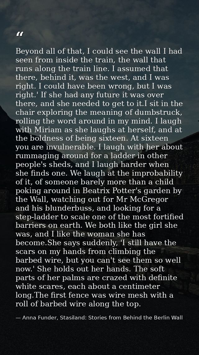 Beyond all of that, I could see the wall I had seen from inside the train, the wall that runs along the train line. I as — Anna Funder, Stasiland: Stories from Behind the Berlin Wall