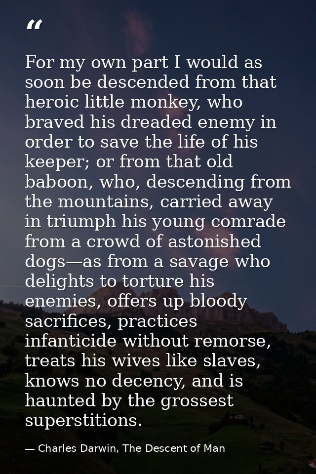 For my own part I would as soon be descended from that heroic little monkey, who braved his dreaded enemy in order to sa — Charles Darwin, The Descent of Man