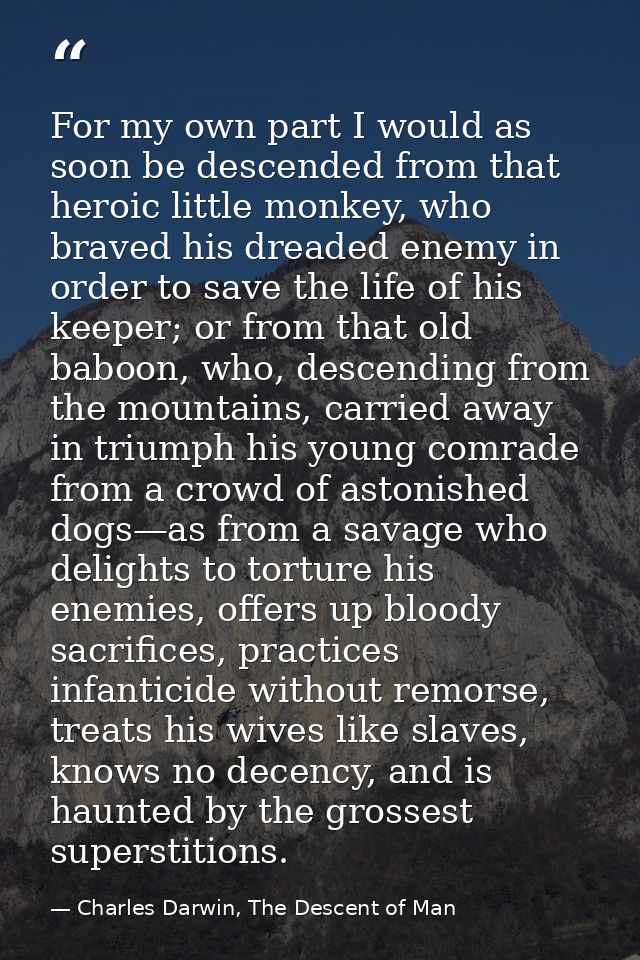 For my own part I would as soon be descended from that heroic little monkey, who braved his dreaded enemy in order to sa — Charles Darwin, The Descent of Man