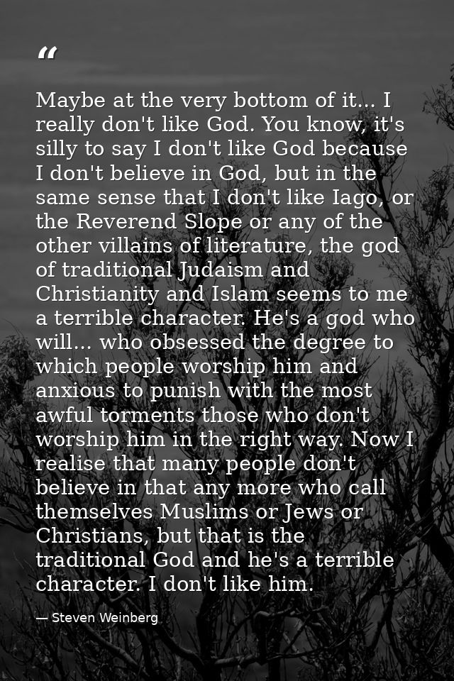 Maybe at the very bottom of it... I really don't like God. You know, it's silly to say I don't like God because I don't  — Steven Weinberg