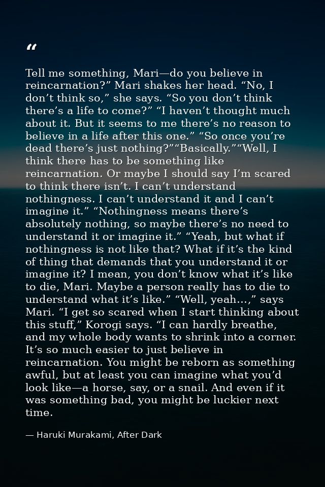 Tell me something, Mari—do you believe in reincarnation?” Mari shakes her head. “No, I don’t think so,” she says. “So yo — Haruki Murakami, After Dark