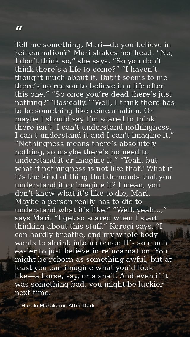 Tell me something, Mari—do you believe in reincarnation?” Mari shakes her head. “No, I don’t think so,” she says. “So yo — Haruki Murakami, After Dark
