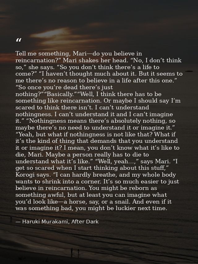 Tell me something, Mari—do you believe in reincarnation?” Mari shakes her head. “No, I don’t think so,” she says. “So yo — Haruki Murakami, After Dark
