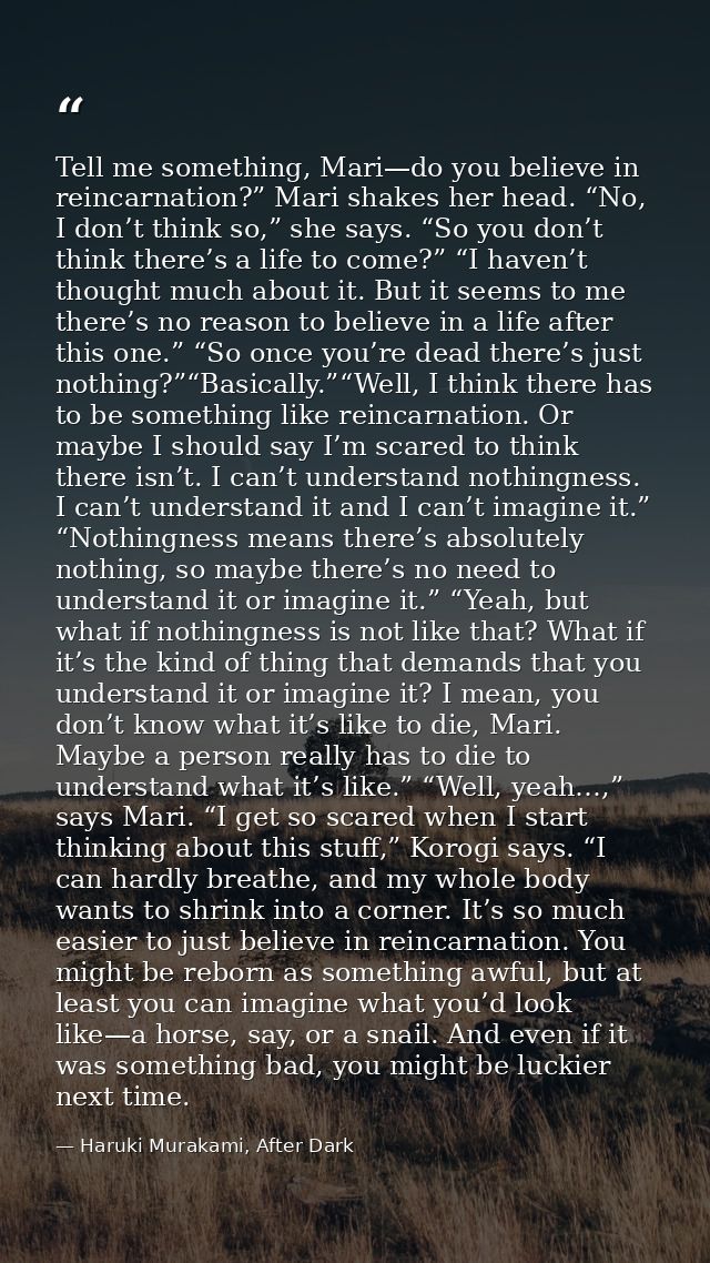 Tell me something, Mari—do you believe in reincarnation?” Mari shakes her head. “No, I don’t think so,” she says. “So yo — Haruki Murakami, After Dark