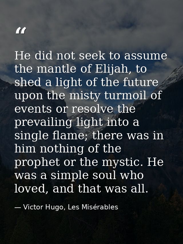 He did not seek to assume the mantle of Elijah, to shed a light of the future upon the misty turmoil of events or resolv — Victor Hugo, Les Misérables