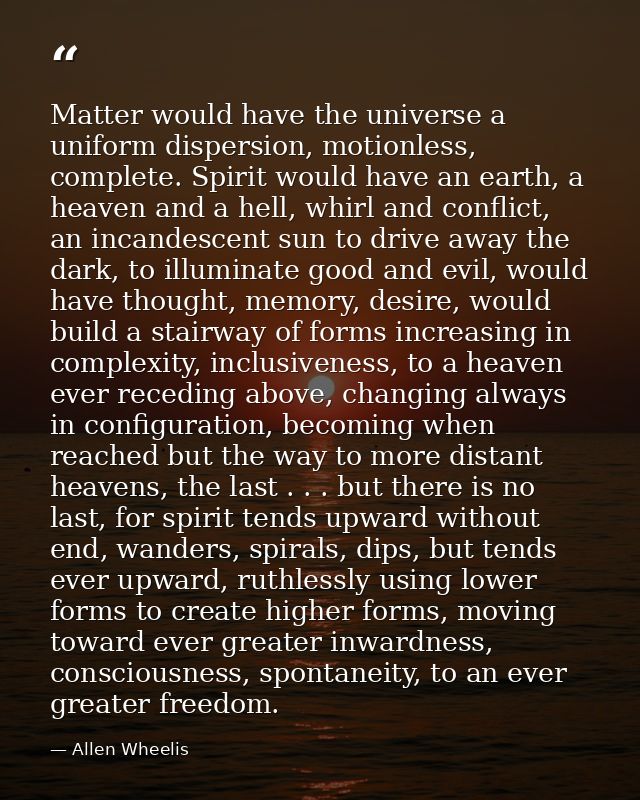 Matter would have the universe a uniform dispersion, motionless, complete. Spirit would have an earth, a heaven and a he — Allen Wheelis