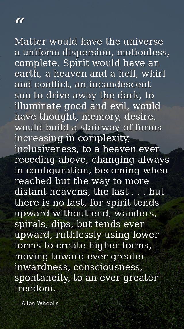 Matter would have the universe a uniform dispersion, motionless, complete. Spirit would have an earth, a heaven and a he — Allen Wheelis