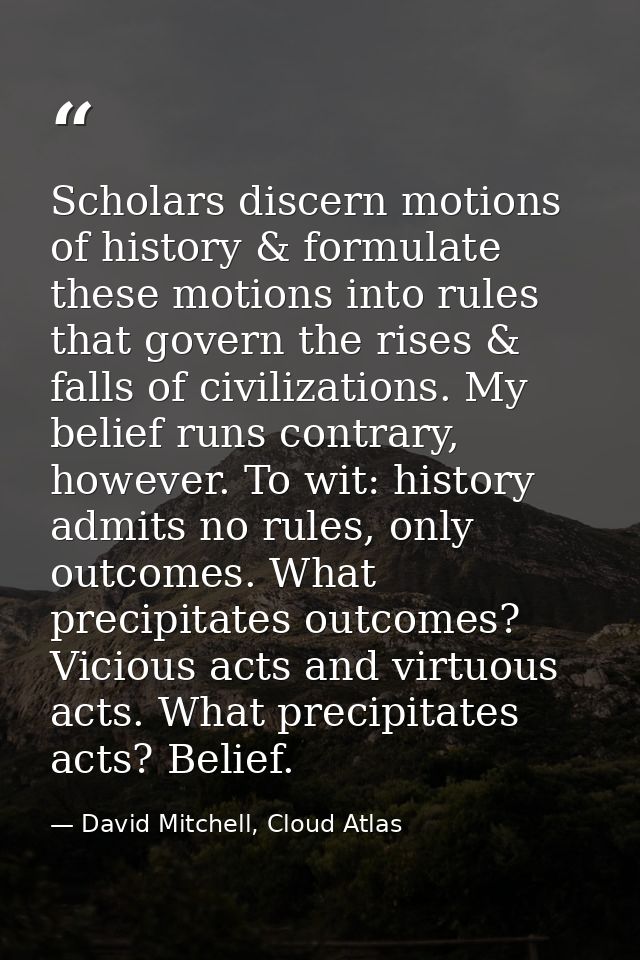 Scholars discern motions of history & formulate these motions into rules that govern the rises & falls of civilizations. — David Mitchell, Cloud Atlas