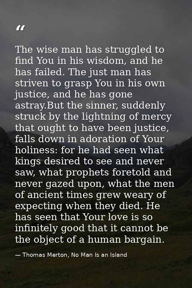 The wise man has struggled to find You in his wisdom, and he has failed. The just man has striven to grasp You in his ow — Thomas Merton, No Man Is an Island