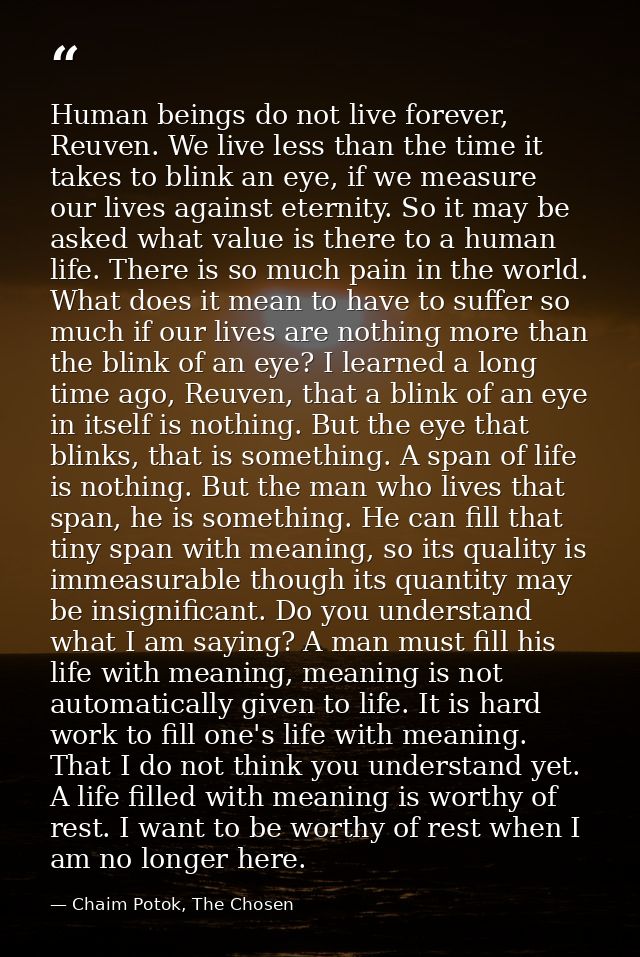 Human beings do not live forever, Reuven. We live less than the time it takes to blink an eye, if we measure our lives a — Chaim Potok, The Chosen