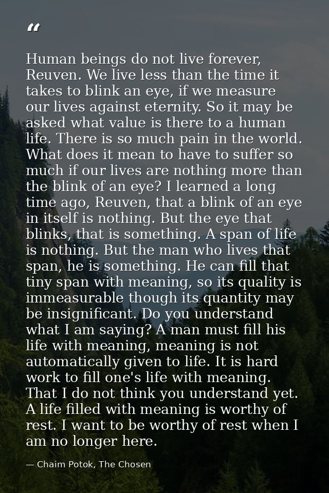 Human beings do not live forever, Reuven. We live less than the time it takes to blink an eye, if we measure our lives a — Chaim Potok, The Chosen