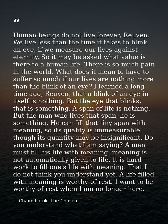 Human beings do not live forever, Reuven. We live less than the time it takes to blink an eye, if we measure our lives a — Chaim Potok, The Chosen