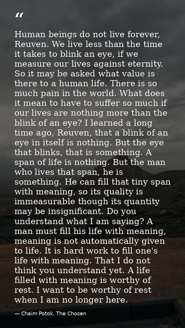 Human beings do not live forever, Reuven. We live less than the time it takes to blink an eye, if we measure our lives a — Chaim Potok, The Chosen