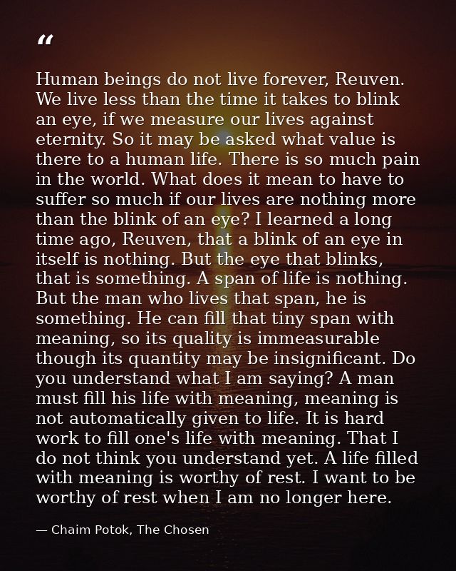 Human beings do not live forever, Reuven. We live less than the time it takes to blink an eye, if we measure our lives a — Chaim Potok, The Chosen