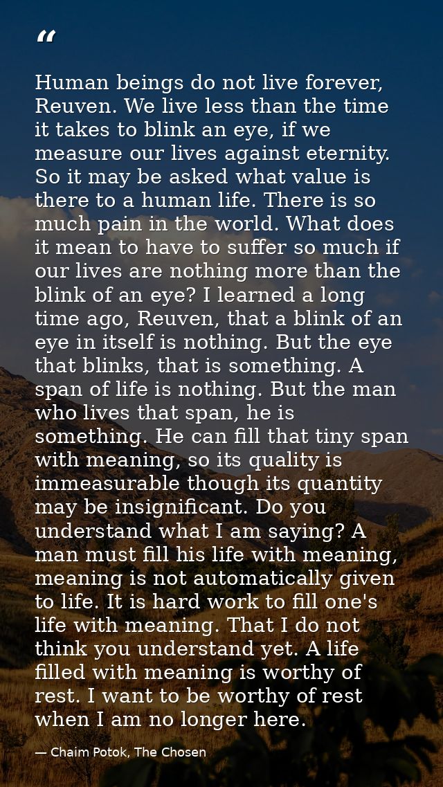 Human beings do not live forever, Reuven. We live less than the time it takes to blink an eye, if we measure our lives a — Chaim Potok, The Chosen