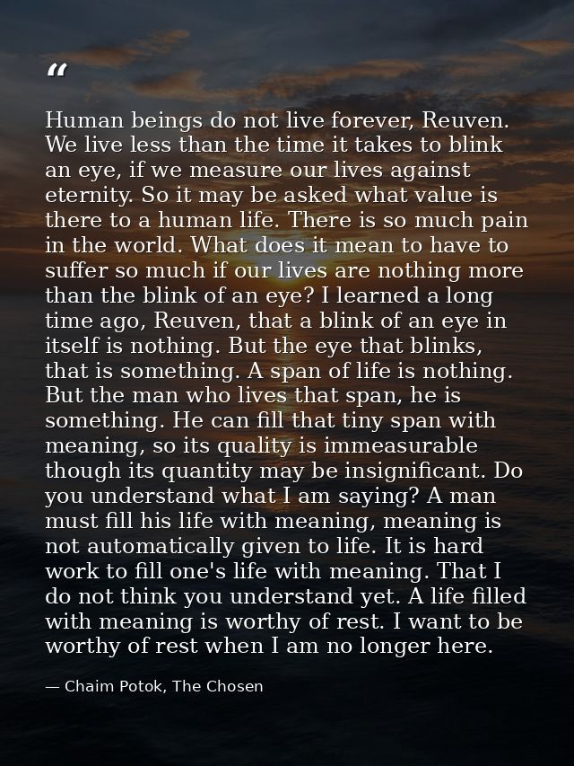 Human beings do not live forever, Reuven. We live less than the time it takes to blink an eye, if we measure our lives a — Chaim Potok, The Chosen
