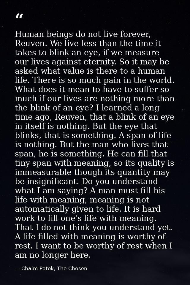 Human beings do not live forever, Reuven. We live less than the time it takes to blink an eye, if we measure our lives a — Chaim Potok, The Chosen