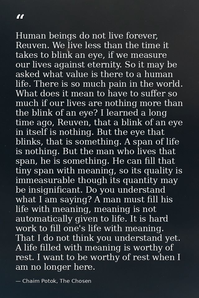Human beings do not live forever, Reuven. We live less than the time it takes to blink an eye, if we measure our lives a — Chaim Potok, The Chosen