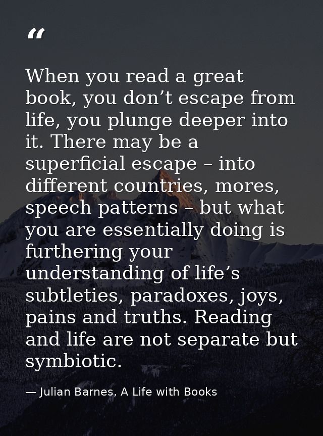 When you read a great book, you don’t escape from life, you plunge deeper into it. There may be a superficial escape – i — Julian Barnes, A Life with Books