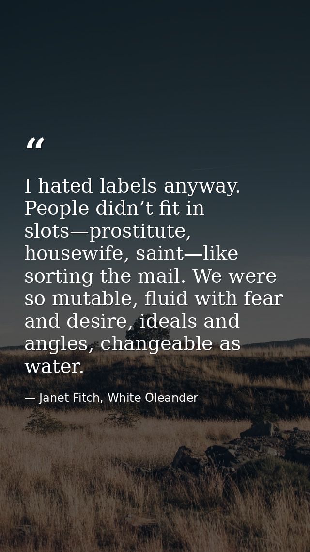 I hated labels anyway. People didn’t fit in slots—prostitute, housewife, saint—like sorting the mail. We were so mutable — Janet Fitch, White Oleander