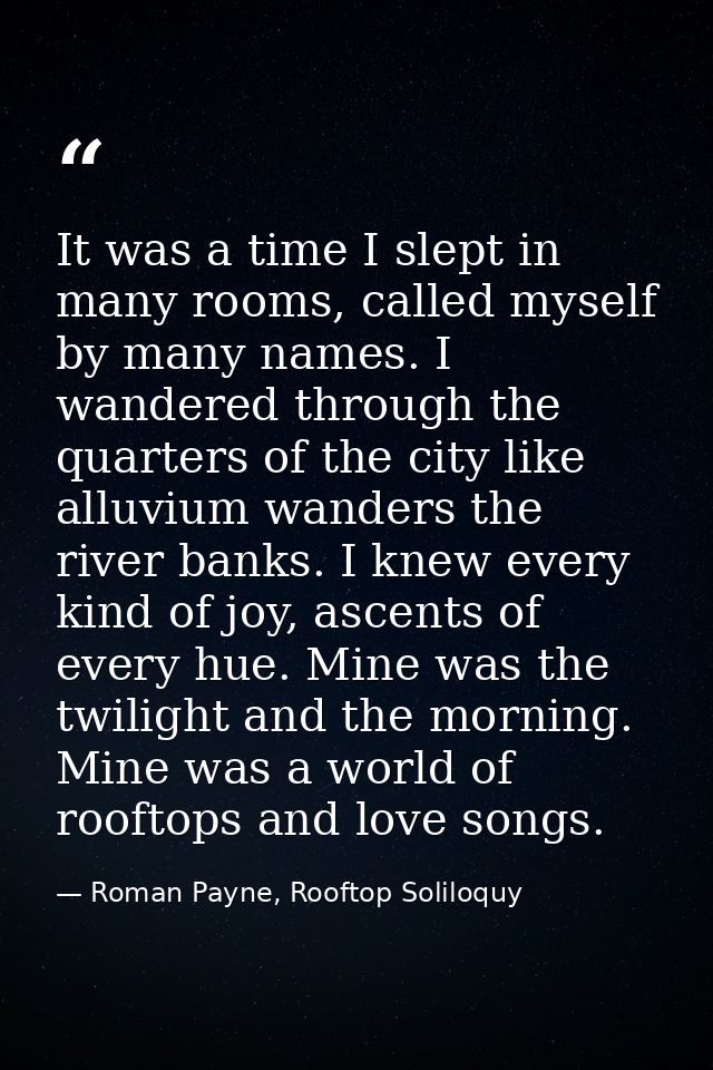 It was a time I slept in many rooms, called myself by many names. I wandered through the quarters of the city like alluv — Roman Payne, Rooftop Soliloquy