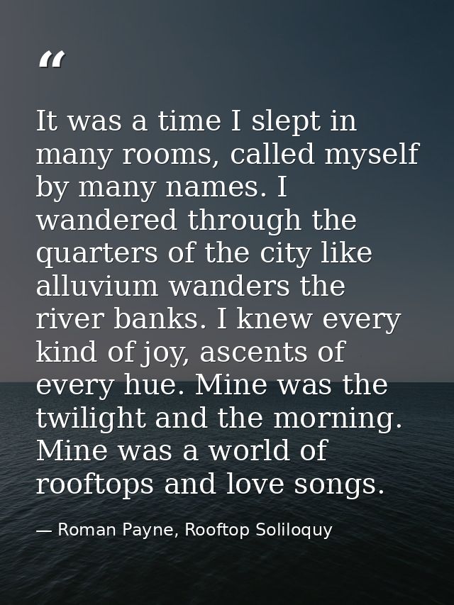 It was a time I slept in many rooms, called myself by many names. I wandered through the quarters of the city like alluv — Roman Payne, Rooftop Soliloquy
