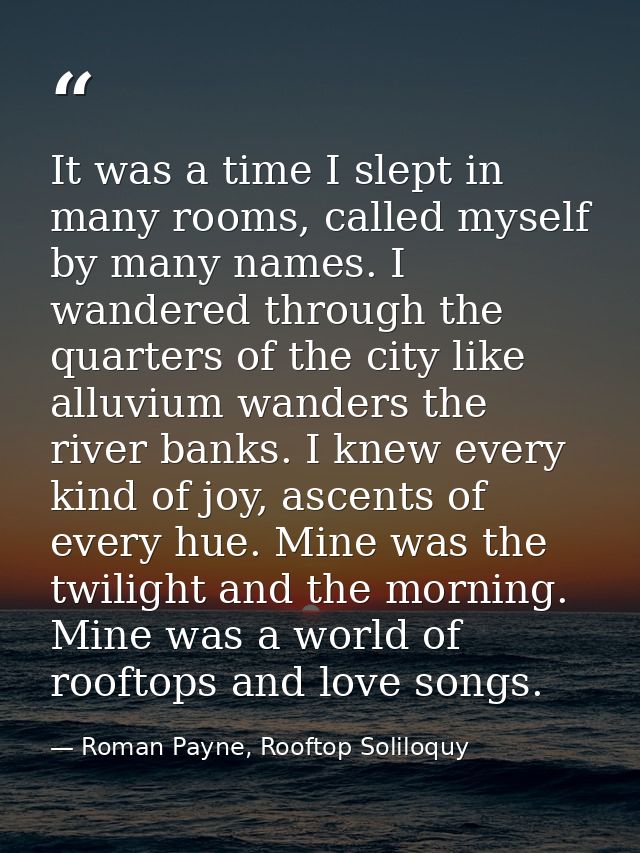 It was a time I slept in many rooms, called myself by many names. I wandered through the quarters of the city like alluv — Roman Payne, Rooftop Soliloquy