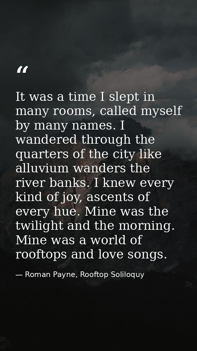It was a time I slept in many rooms, called myself by many names. I wandered through the quarters of the city like alluv — Roman Payne, Rooftop Soliloquy