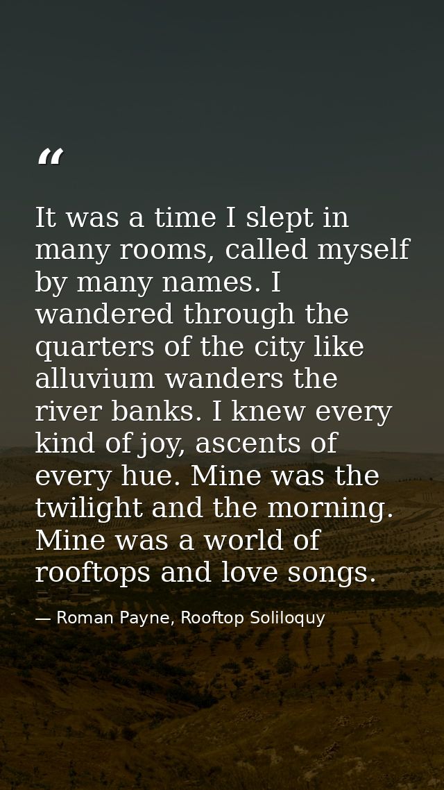 It was a time I slept in many rooms, called myself by many names. I wandered through the quarters of the city like alluv — Roman Payne, Rooftop Soliloquy