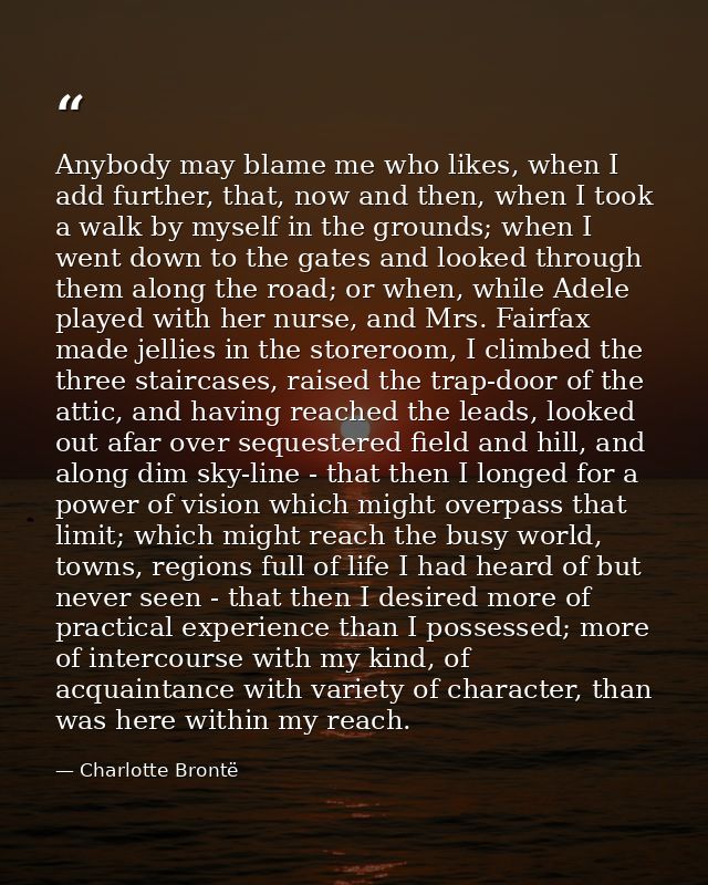Anybody may blame me who likes, when I add further, that, now and then, when I took a walk by myself in the grounds; whe — Charlotte Brontë