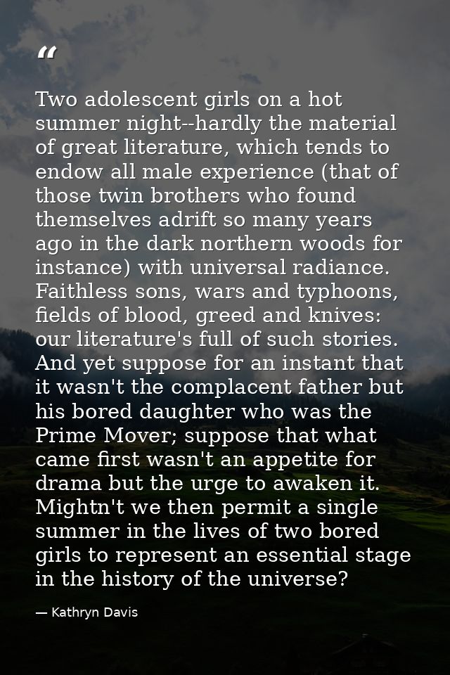 Two adolescent girls on a hot summer night--hardly the material of great literature, which tends to endow all male exper — Kathryn Davis