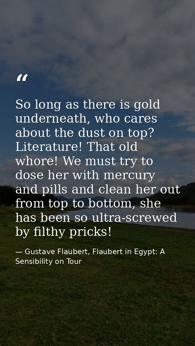 So long as there is gold underneath, who cares about the dust on top? Literature! That old whore! We must try to dose he — Gustave Flaubert, Flaubert in Egypt: A Sensibility on Tour