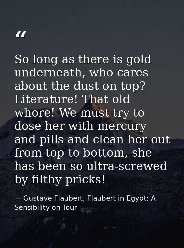 So long as there is gold underneath, who cares about the dust on top? Literature! That old whore! We must try to dose he — Gustave Flaubert, Flaubert in Egypt: A Sensibility on Tour